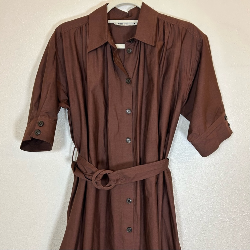 Zara Brown Puff Sleeve Belted Midi Shirt Dress S Old Money Preppy Classic - Picture 4 of 8